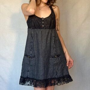 Y2K Free People Black Lace Wool Mini Babydoll Dress